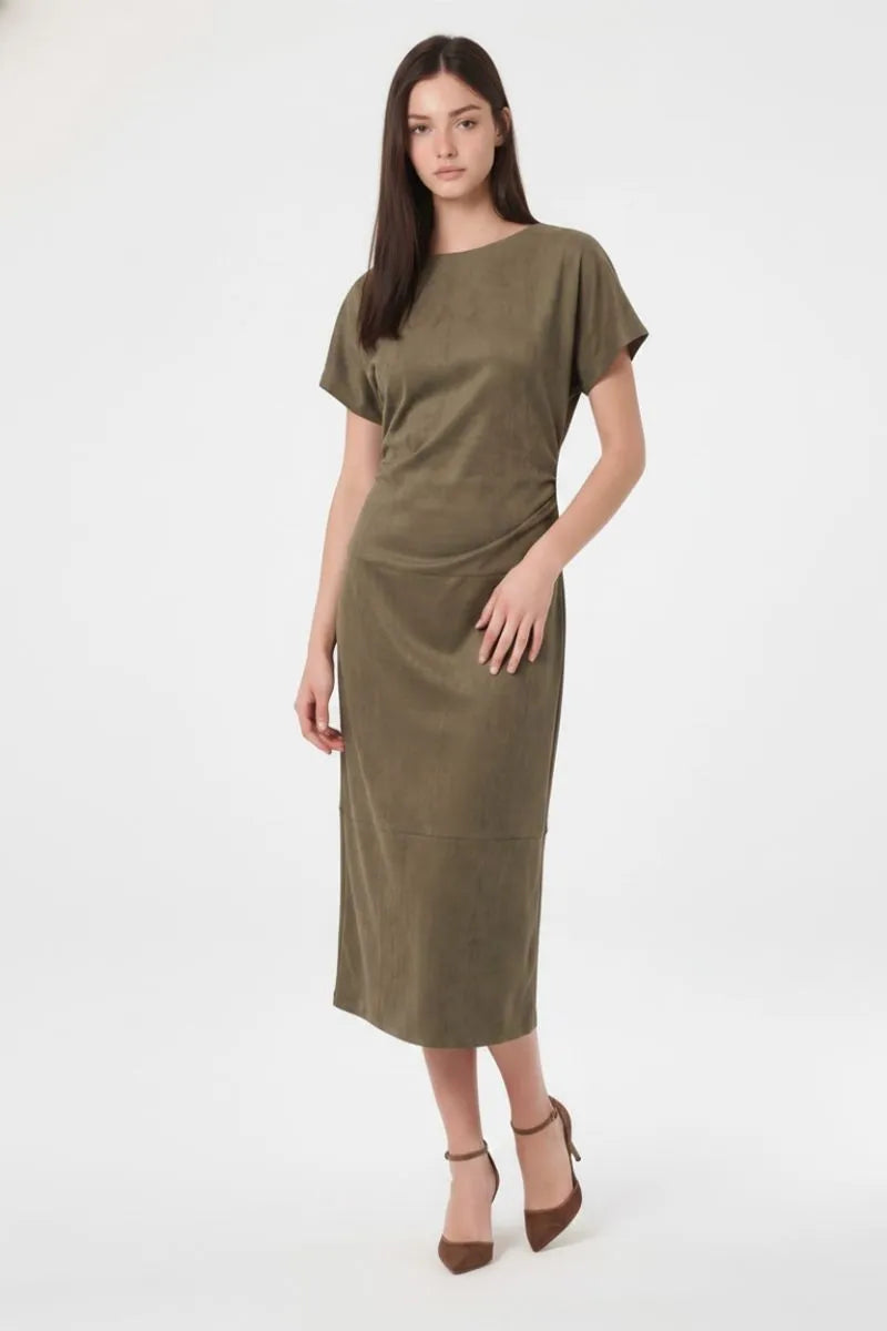 Faux Suede Drape Neck Midi Dress