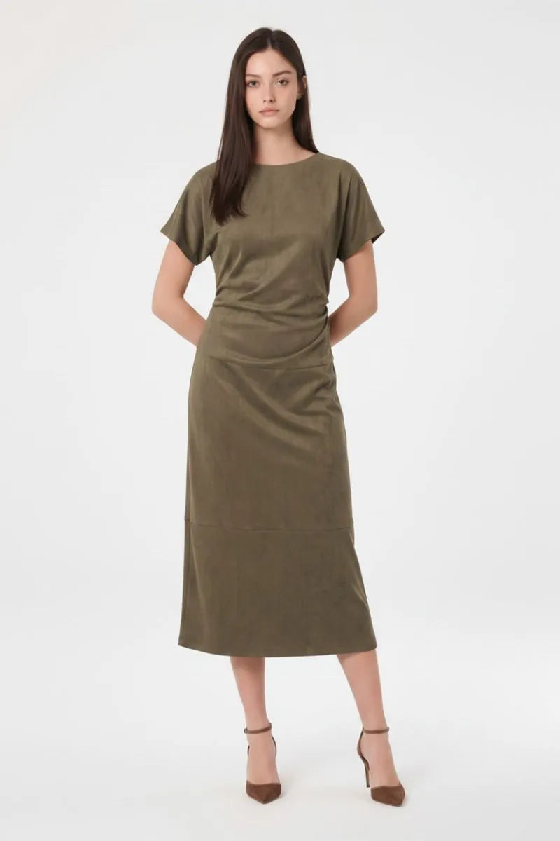 Faux Suede Drape Neck Midi Dress