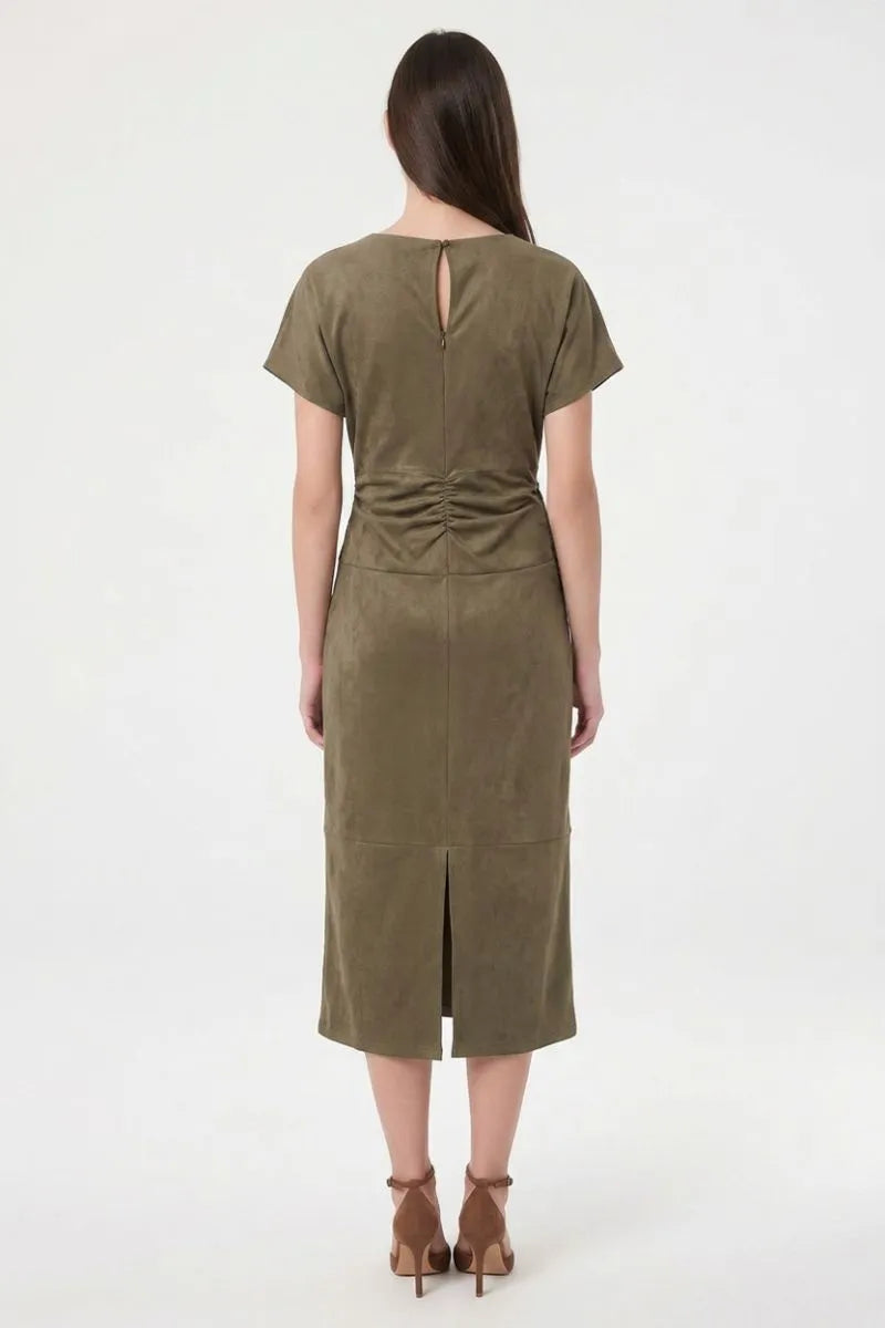 Faux Suede Drape Neck Midi Dress