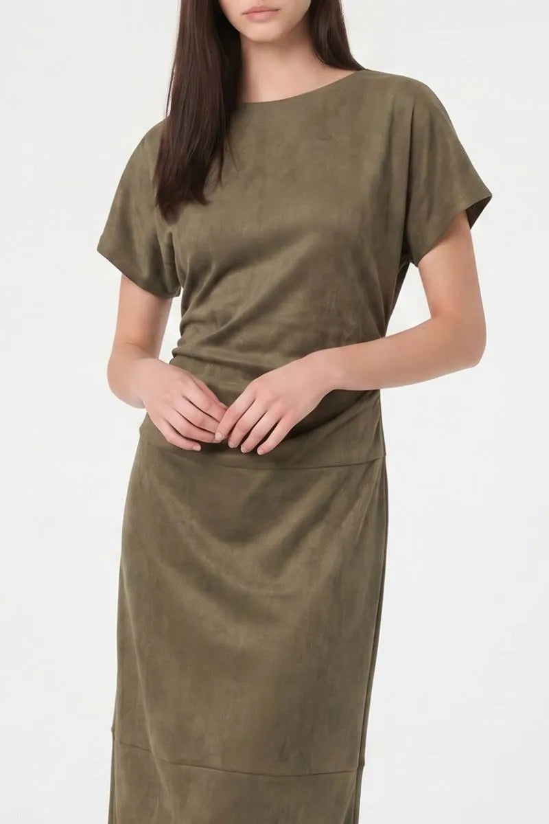 Faux Suede Drape Neck Midi Dress