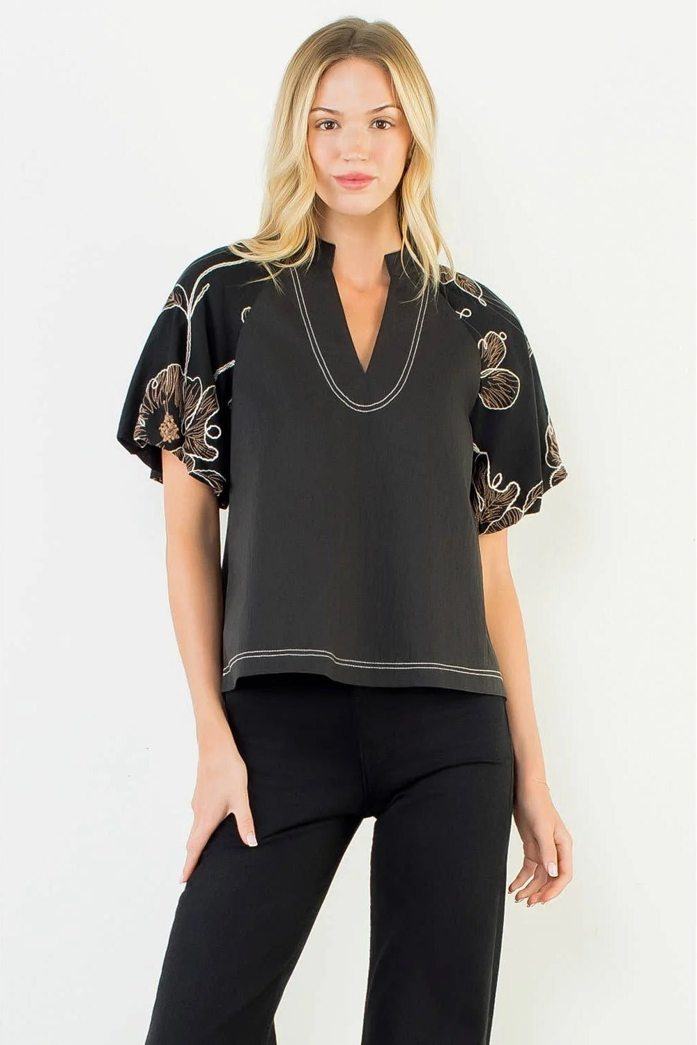 THML Puff Sleeve With Embroidery Detail Top