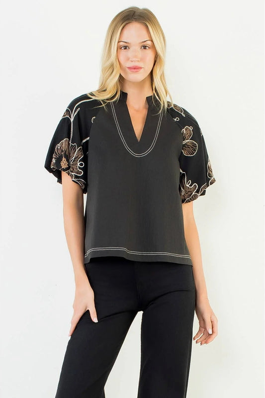 THML Puff Sleeve With Embroidery Detail Top