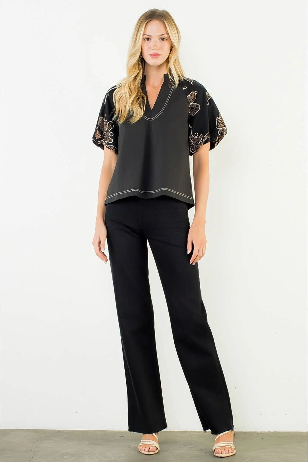 THML Puff Sleeve With Embroidery Detail Top