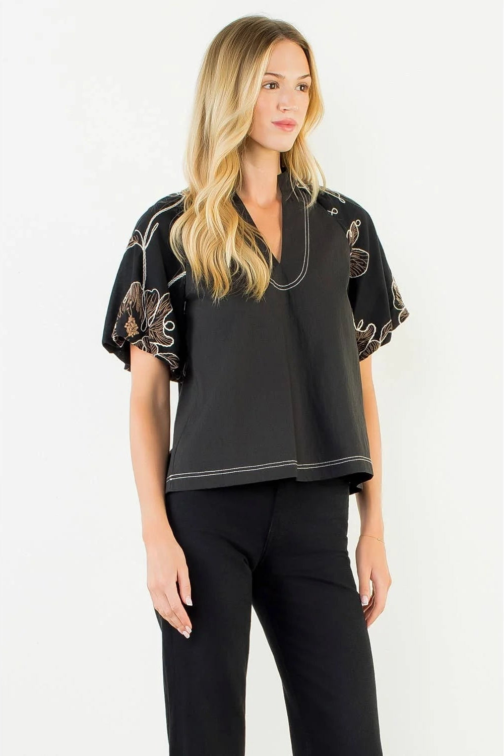 THML Puff Sleeve With Embroidery Detail Top