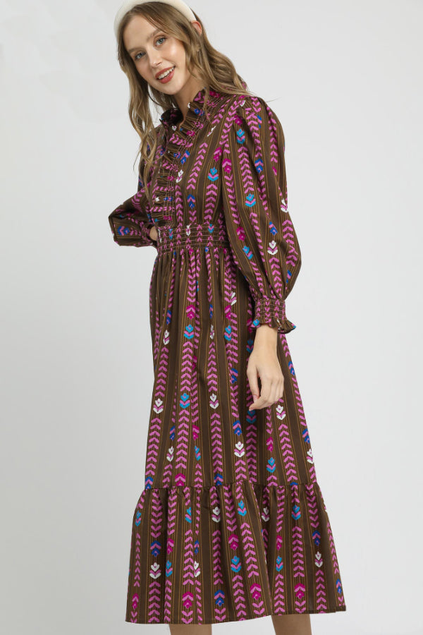 Fall Floral Print Midi Dress with Ruffle Collar