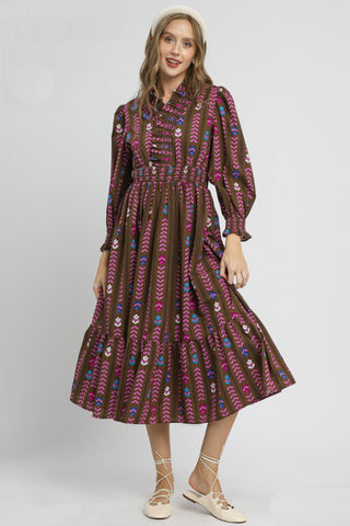 Fall Floral Print Midi Dress with Ruffle Collar