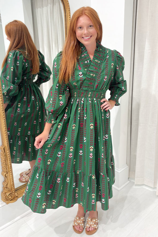 Fall Floral Print Midi Dress with Ruffle Collar