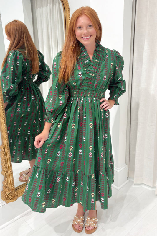 Fall Floral Print Midi Dress with Ruffle Collar