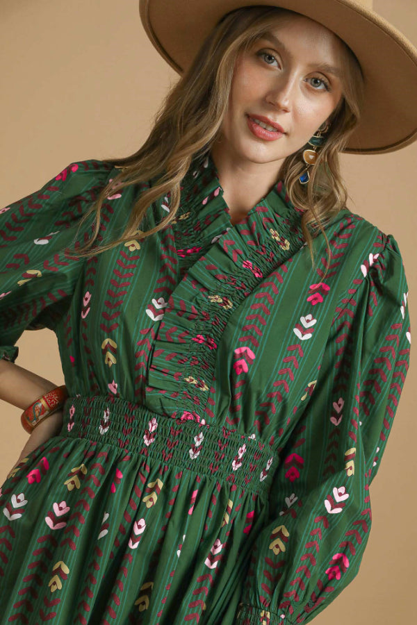 Fall Floral Print Midi Dress with Ruffle Collar