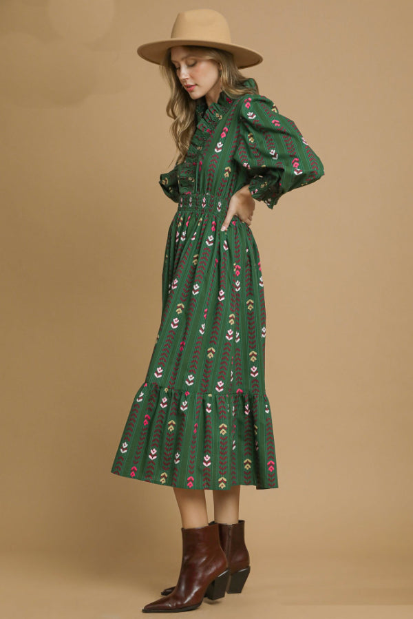 Fall Floral Print Midi Dress with Ruffle Collar