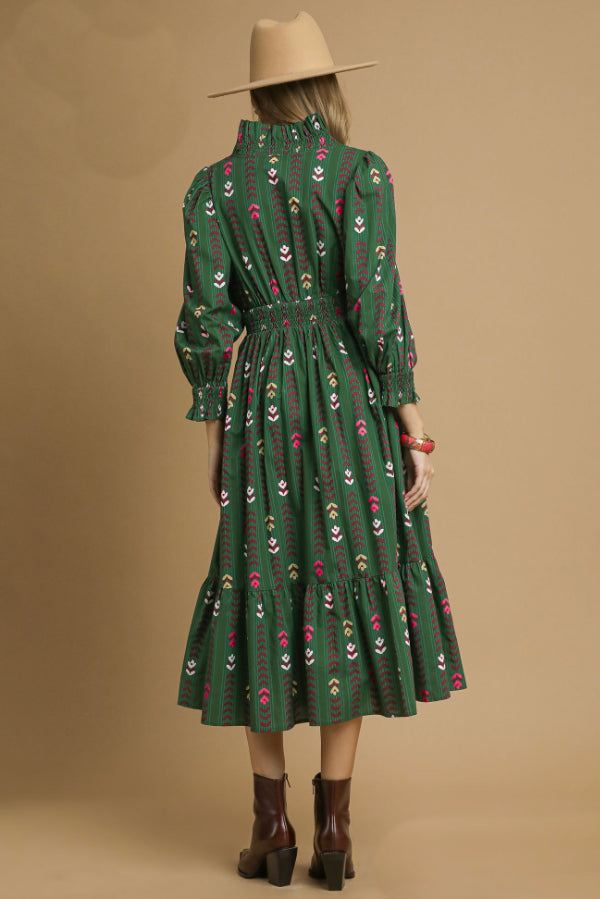 Fall Floral Print Midi Dress with Ruffle Collar