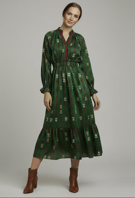 Floral Print Midi Dress with Ruffle Collar