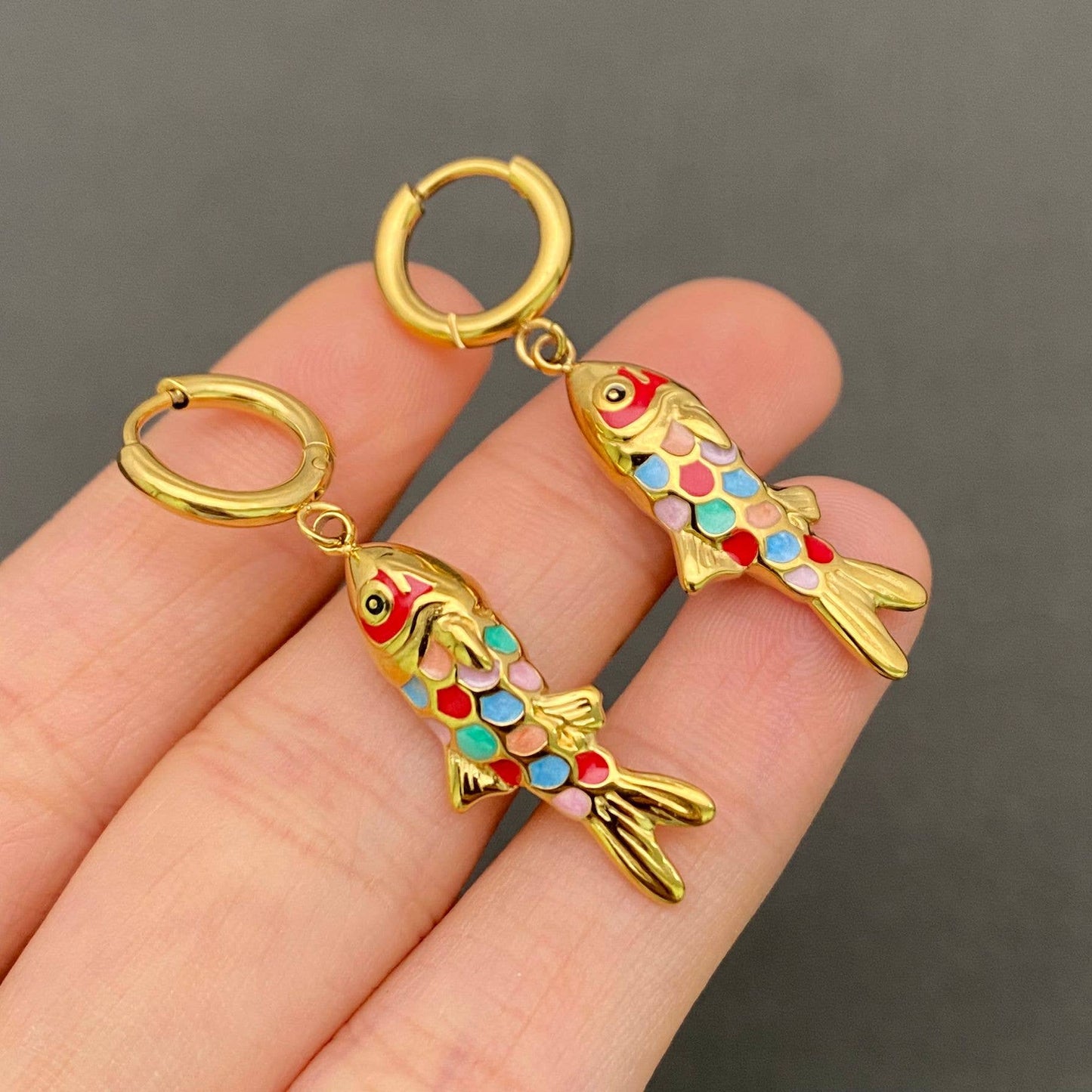 Gold Filled Enamel Fish Drop Earrings