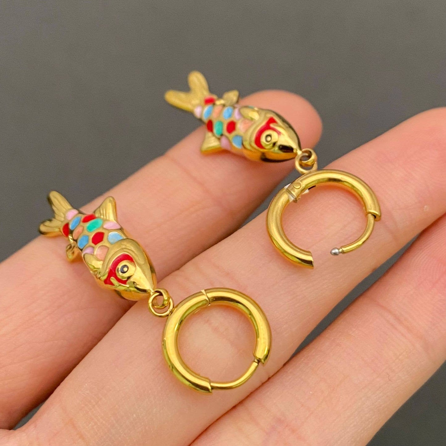 Gold Filled Enamel Fish Drop Earrings
