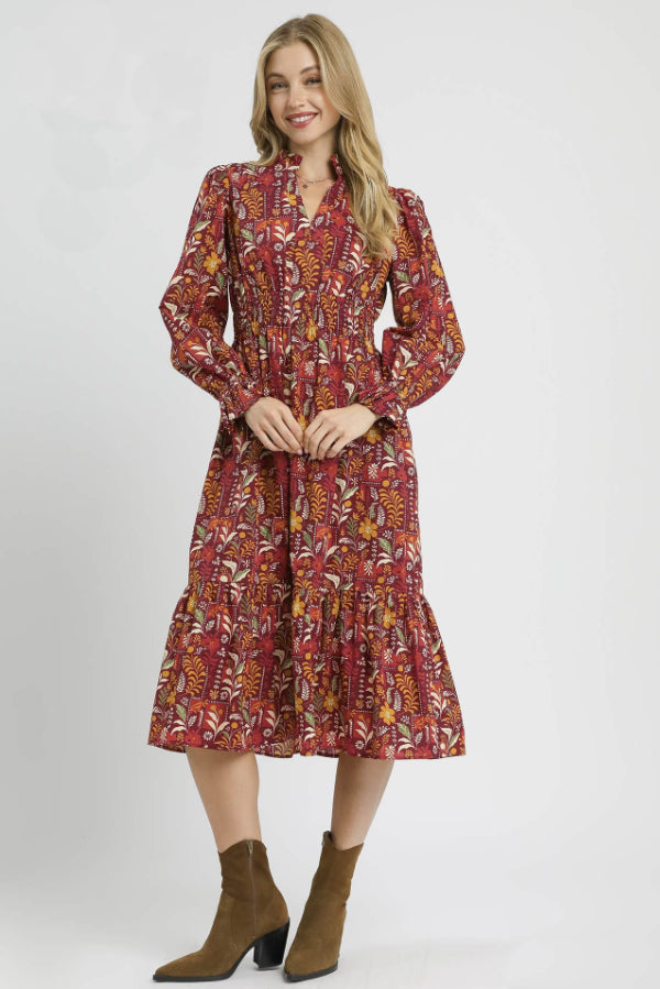 Floral Midi Dress with Smocked Waist