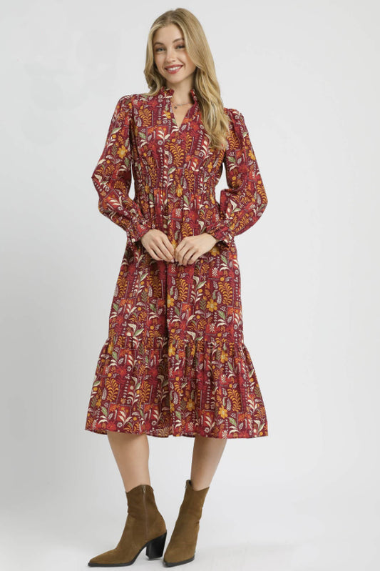 Floral Midi Dress with Smocked Waist