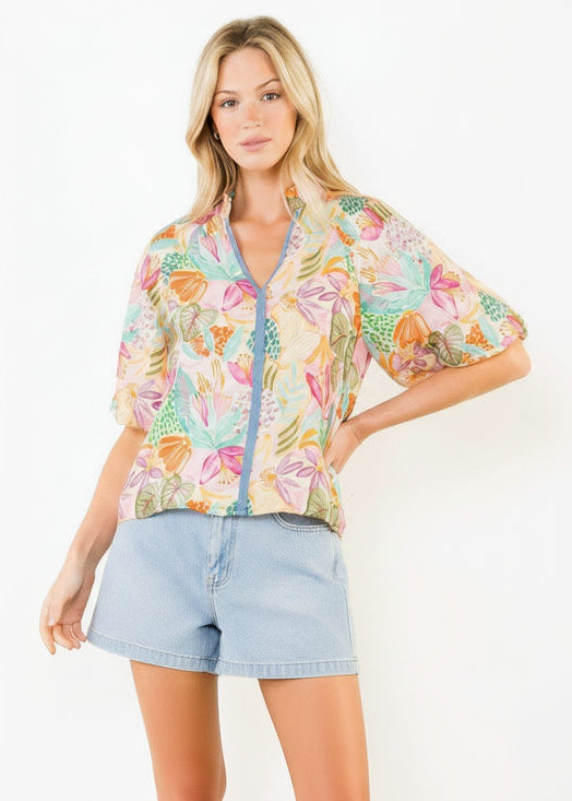 THML Floral V Neck Contrast Top