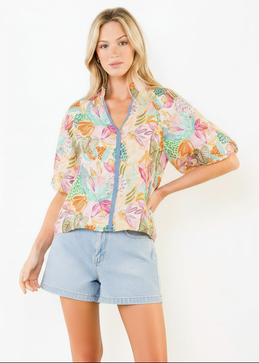 THML Floral V Neck Contrast Top