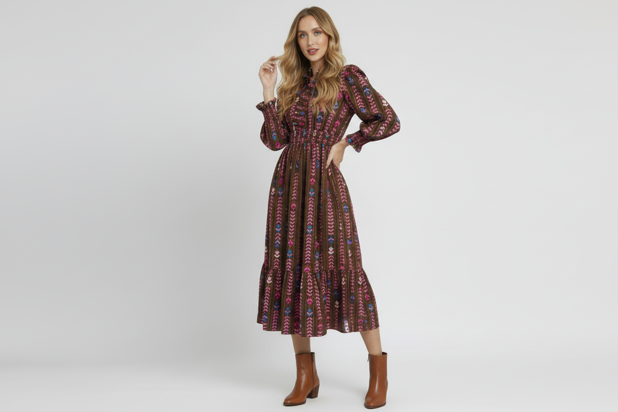 Fall Floral Print Midi Dress with Ruffle Collar