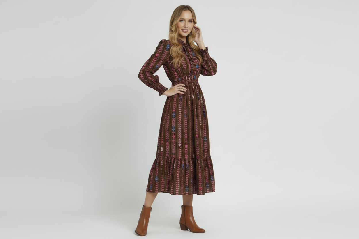 Fall Floral Print Midi Dress with Ruffle Collar