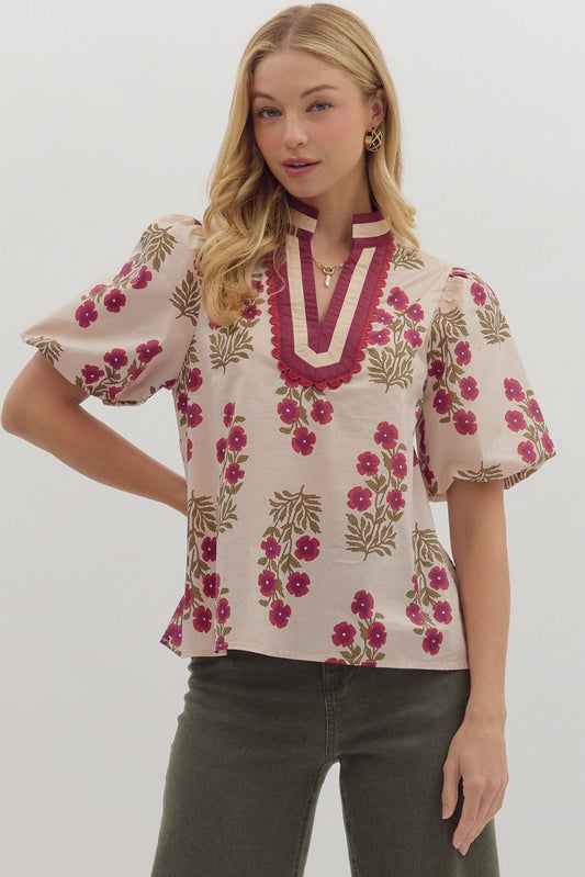 Floral Top with V Neck Accent Ecru