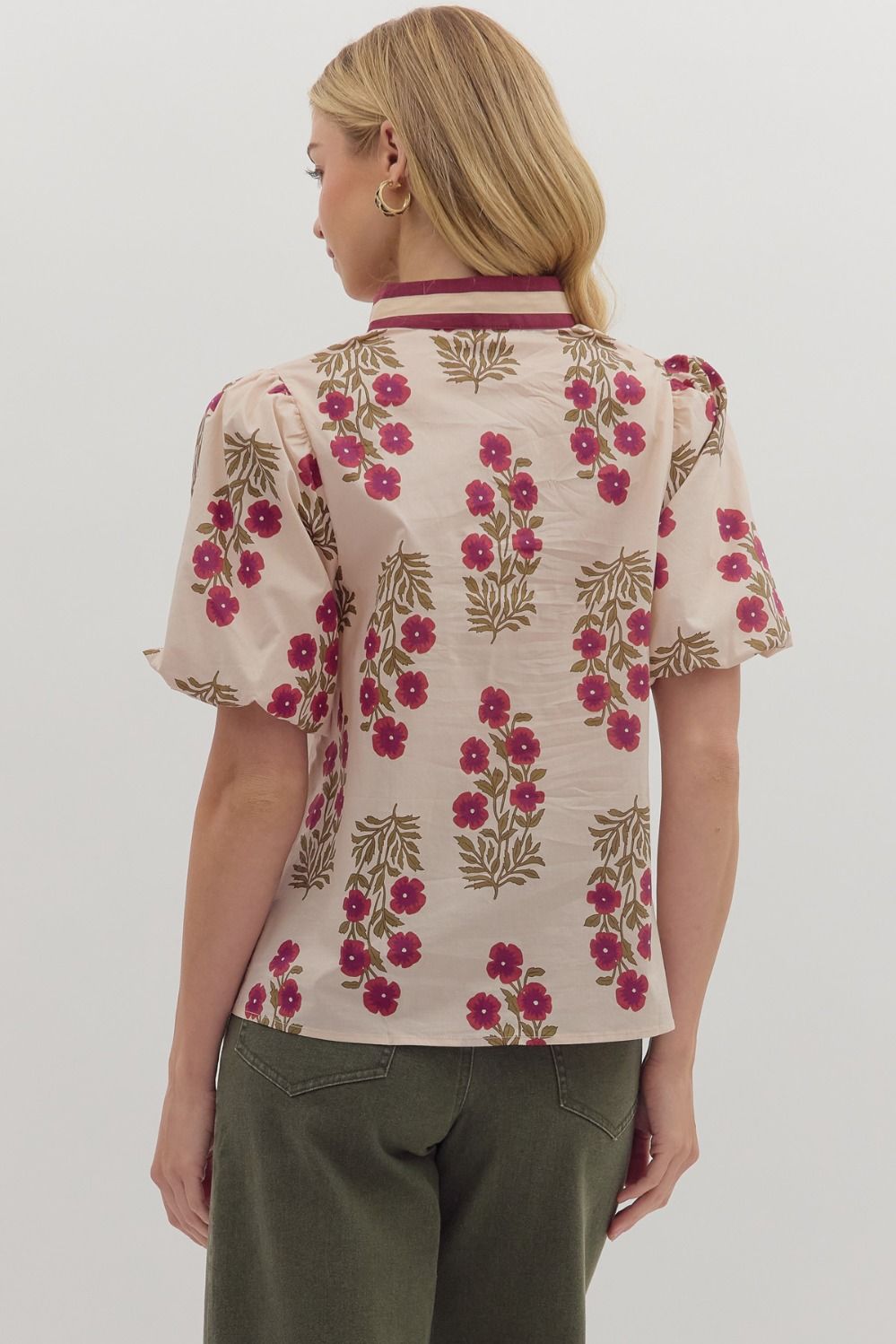 Floral Top with V Neck Accent Ecru