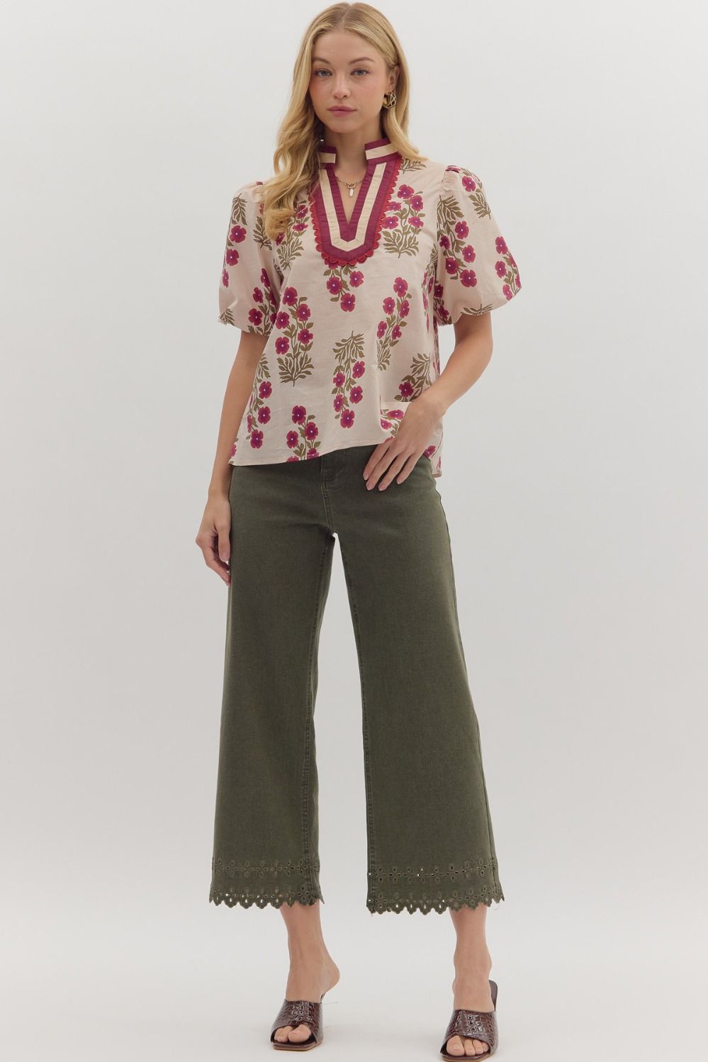 Floral Top with V Neck Accent Ecru