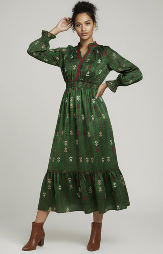 Floral Print Midi Dress with Ruffle Collar