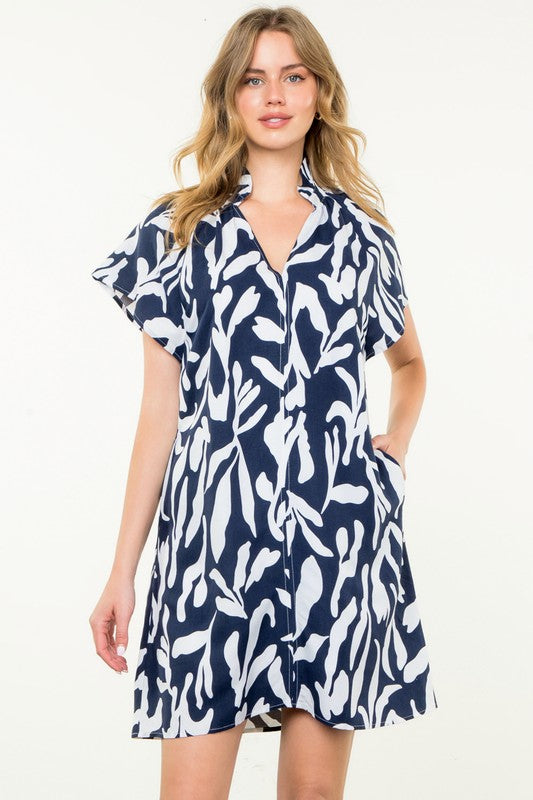 Navy Flutter Sleeve Print Dress