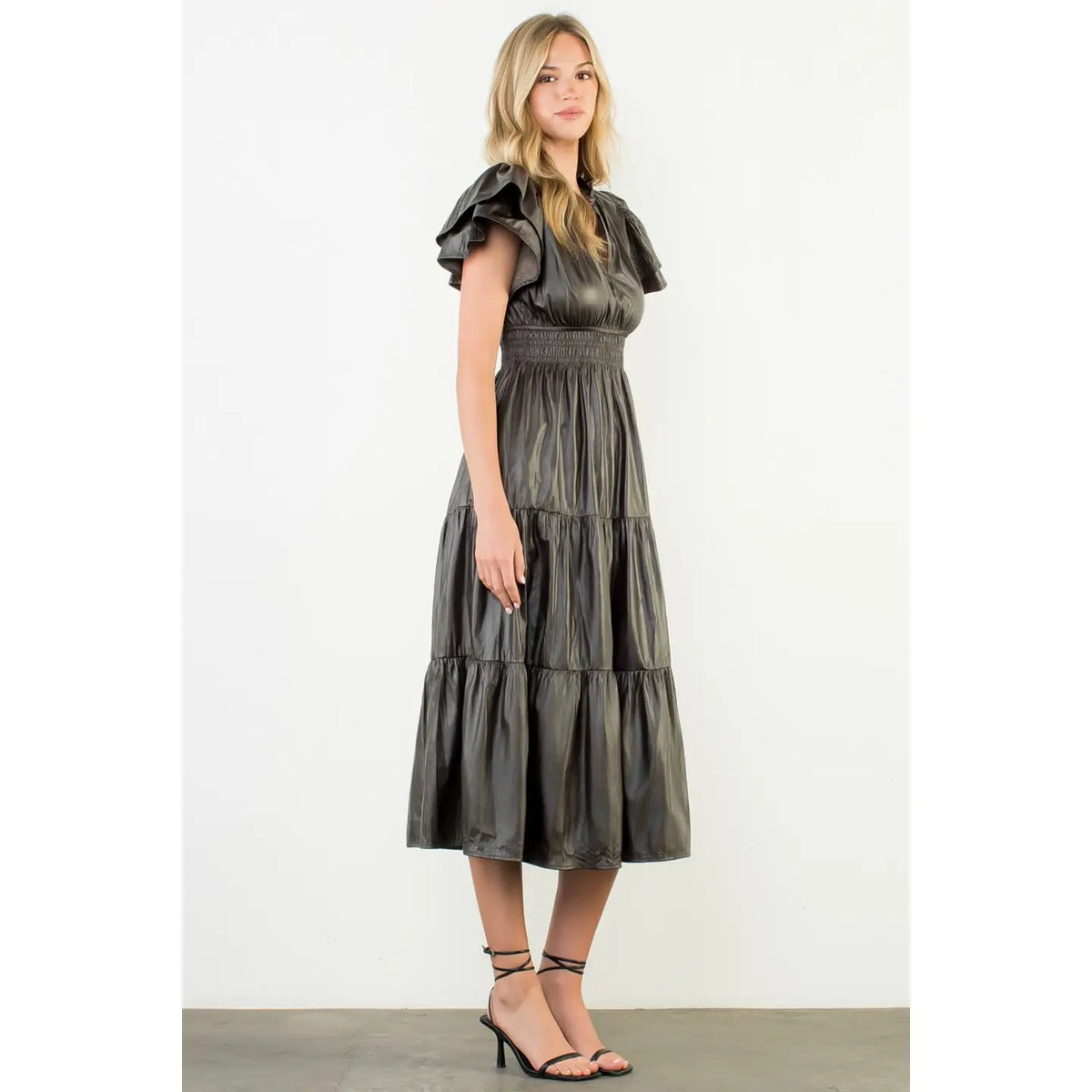 FLUTTER SLEEVE LEATHER MAXI DRESS