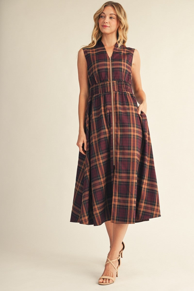 Front Zip Up Plaid Midi Dress