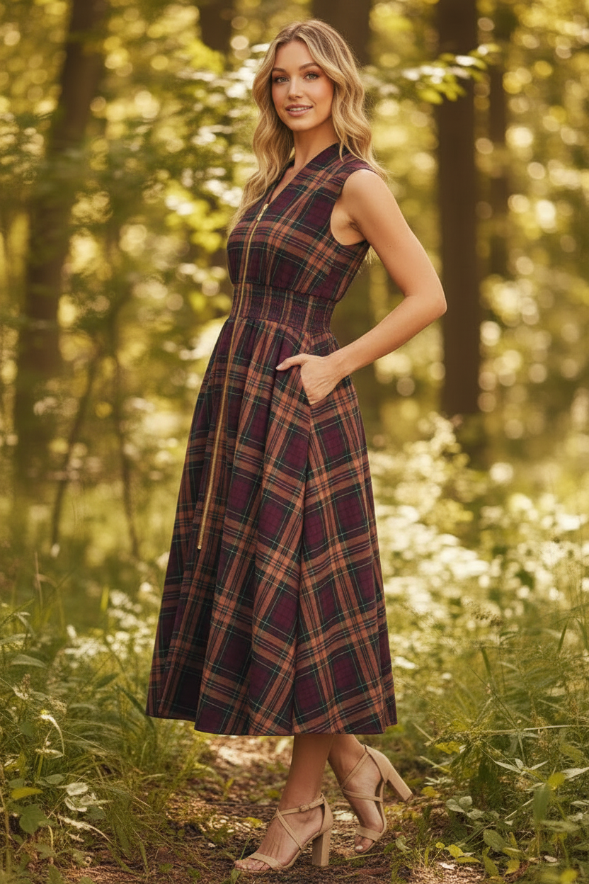 Front Zip Up Plaid Midi Dress