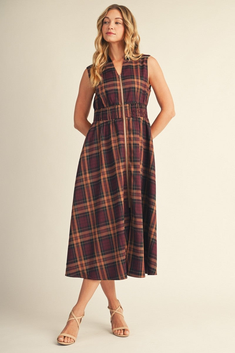 Front Zip Up Plaid Midi Dress