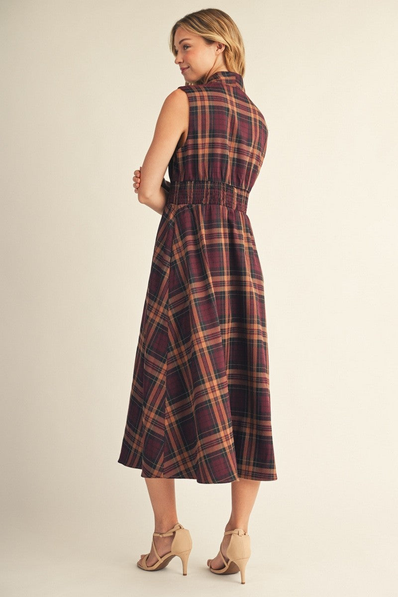 Front Zip Up Plaid Midi Dress