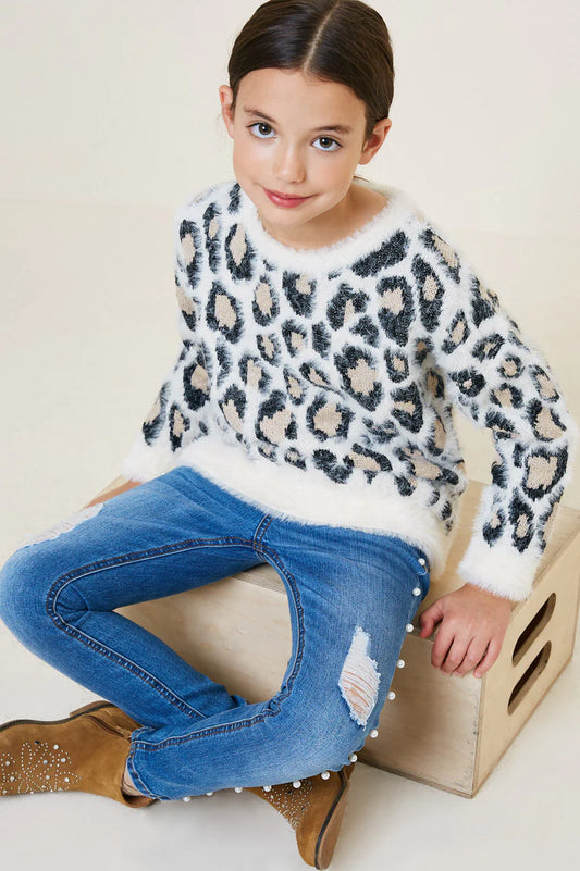 Girls Leopard Mohair Pullover Sweater Top