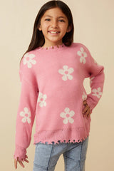 Girls Distressed Pink Flower Sweater