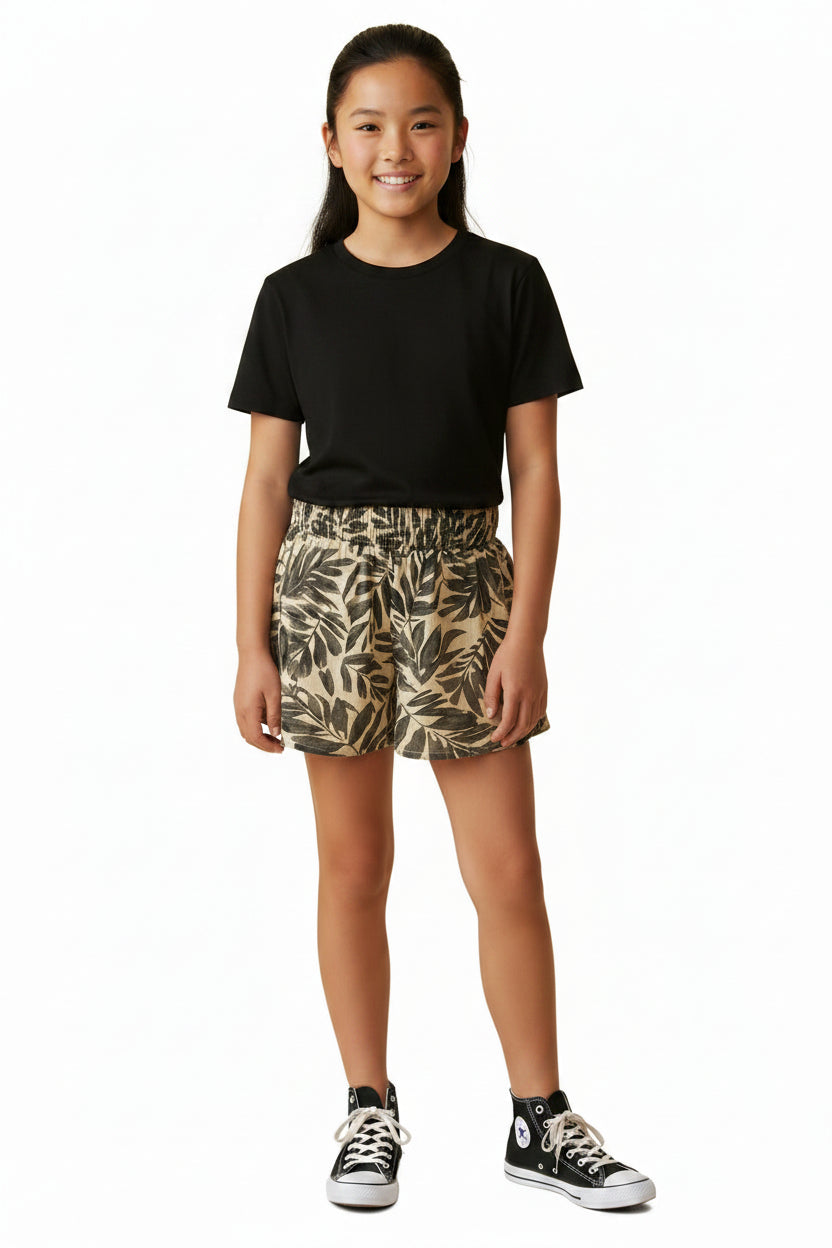 Girls Botanical Print Smocked Waist Shorts