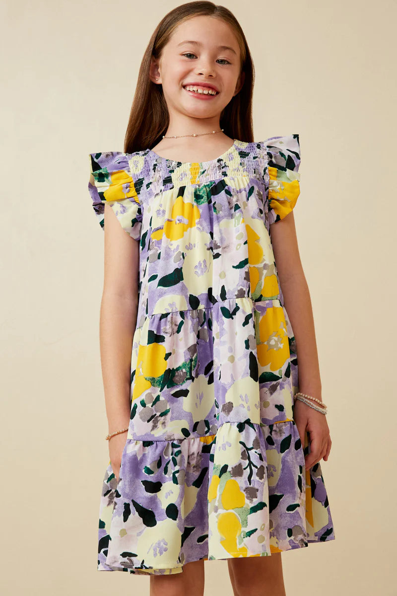 Girls Floral Placement Smock Ruffled Tank Dress
