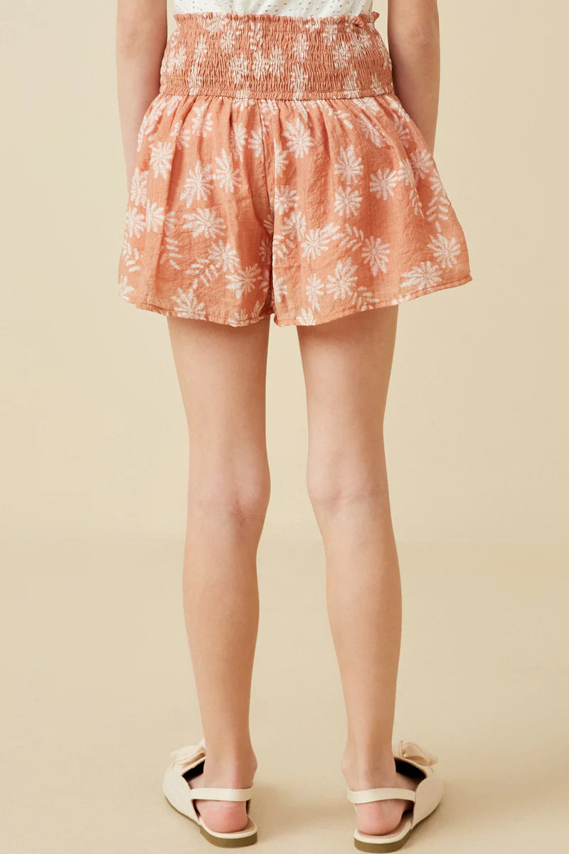 Girls Crinkled Botanical Print Smocked Shorts