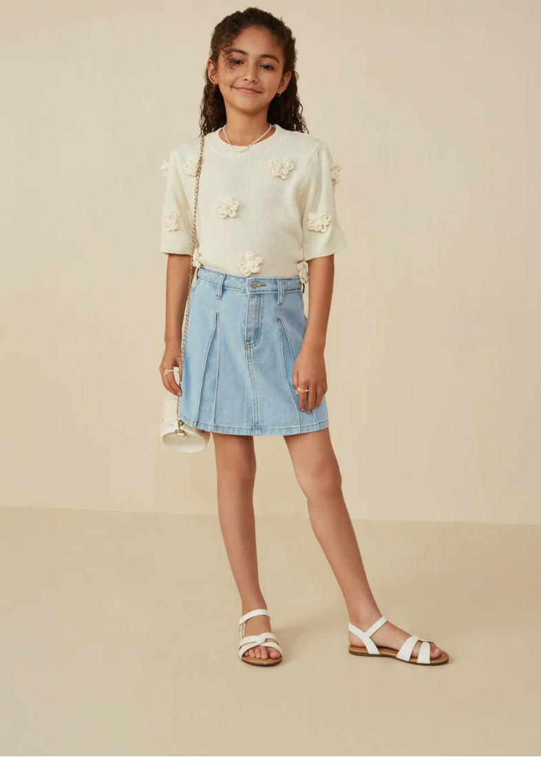 Girls Box Pleated Washed Denim Skirt