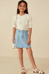 Girls Box Pleated Washed Denim Skirt
