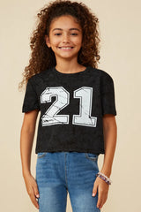 Girls Distressed Print Washed Athletic Jersey Top
