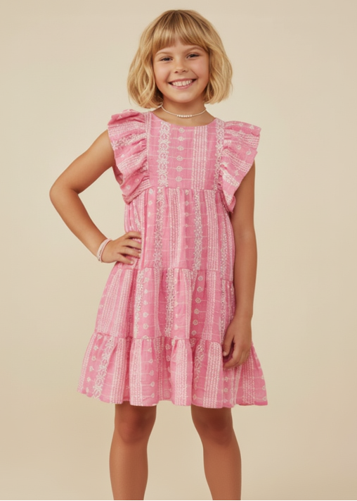Girls Embroidered Ruffled Lace Sleeveless Dress