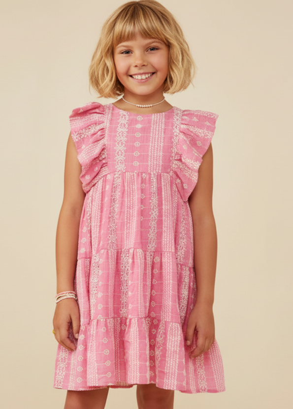 Girls Embroidered Ruffled Lace Sleeveless Dress