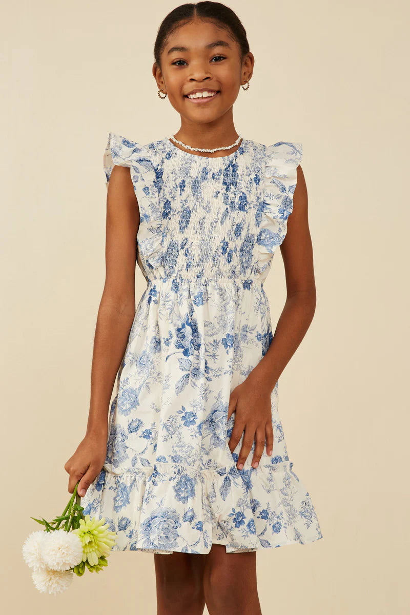Girls Antique Floral Smock And Ruffle Dress