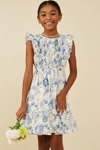 Girls Antique Floral Smock And Ruffle Dress