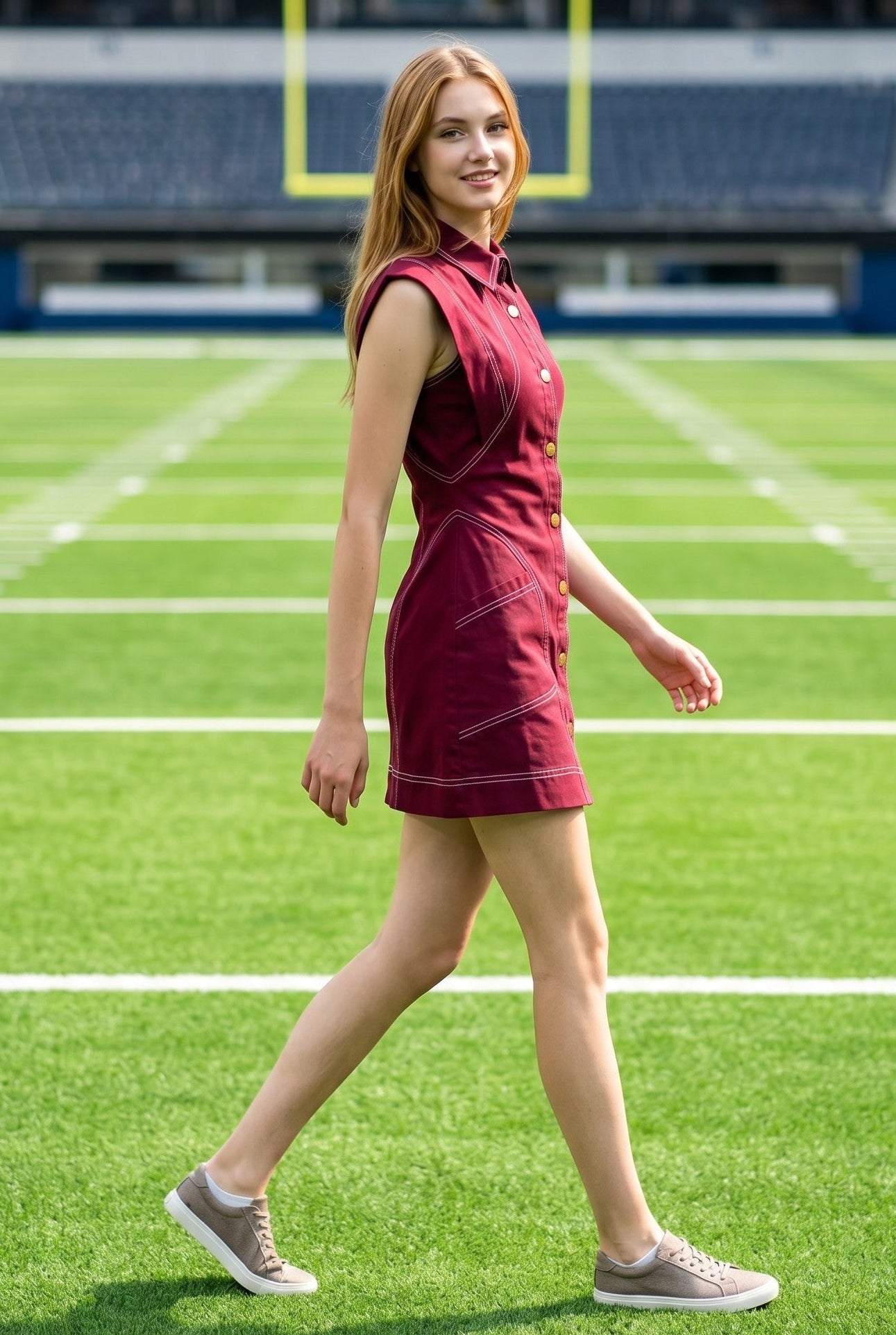 A woman walks across a green football field wearing a sleeveless maroon mini dress and gray sneakers, with stadium seating and yellow goal posts in the background.