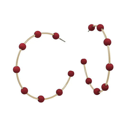 Garnet Wood Bead Hoop Earrings