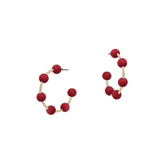 Garnet Wood Bead Hoop Earrings