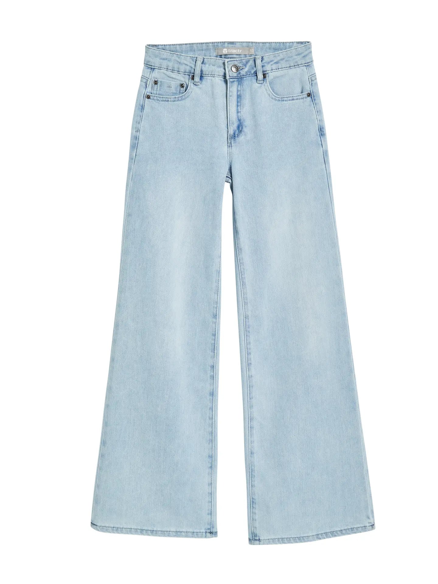 Tween girls Light wash blue denim jeans with a wide-leg silhouette, shown flat against a solid white background.